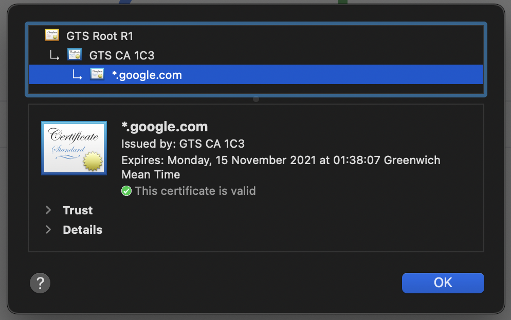 google.com&rsquo;s certificate, showing a chain from a root CA.